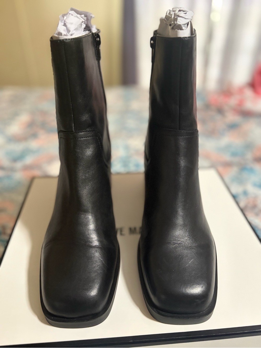 Steve Madden Black Leather Square-Toe Ankle Boots
